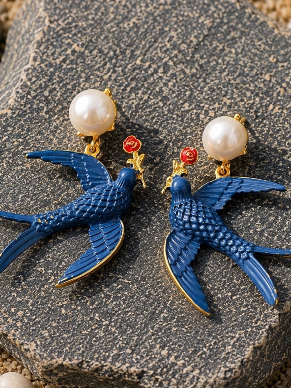 Blue Bird Earrings with Pearl and Red Rose Accent